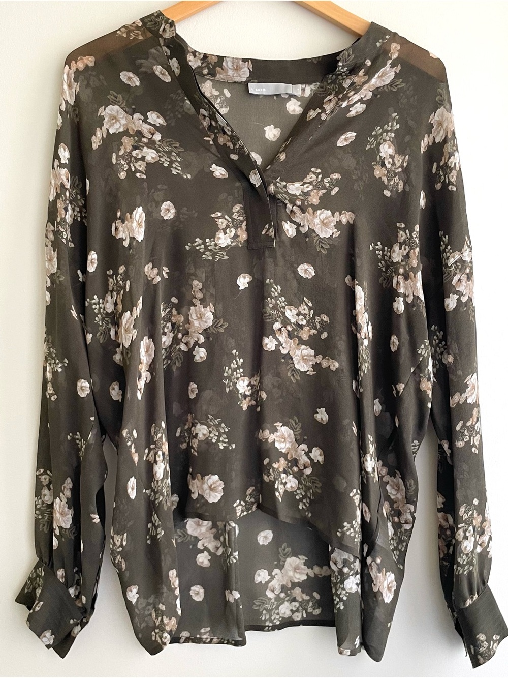 Vince. Olive Green Floral Silk Button-Front Blouse